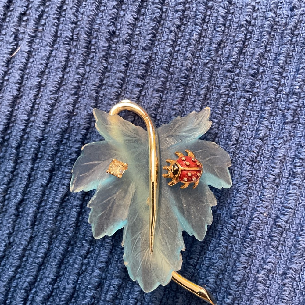Charming Blue Leaf Brooch with Red Ladybug